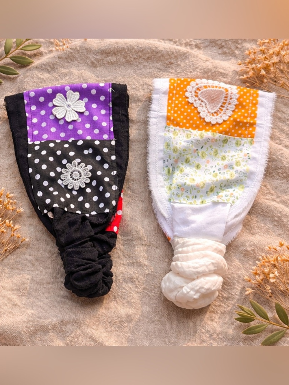 Boho Patchwork Lace Headbands Duo, Wide Fits All Cotton Linen Floral Hairbands